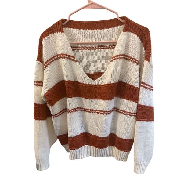 SHEIN Sweaters - SHEIN New Women's V-Neck Striped Pullover Sweater M Multicolor Balloon Sleeve